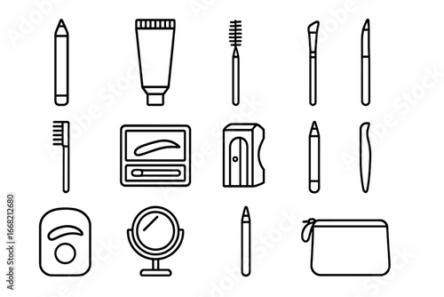 Eyebrow Grooming Tools Grid. Outline icon set of eyebrow pencil and gel: eyebrow pencil, gel tube, spoolie
