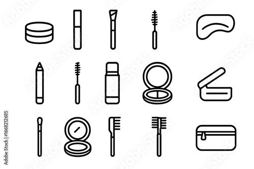 Eyebrow Tools Icon Set. Outline icon set of eyebrow pomade and gel: pomade jar, brow gel tube, angled brush,