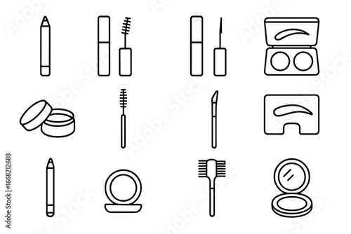 Eyebrow Cosmetics Icons. Outline icon set of eyebrow cosmetics: brow pencil, tinted gel, clear gel, brow