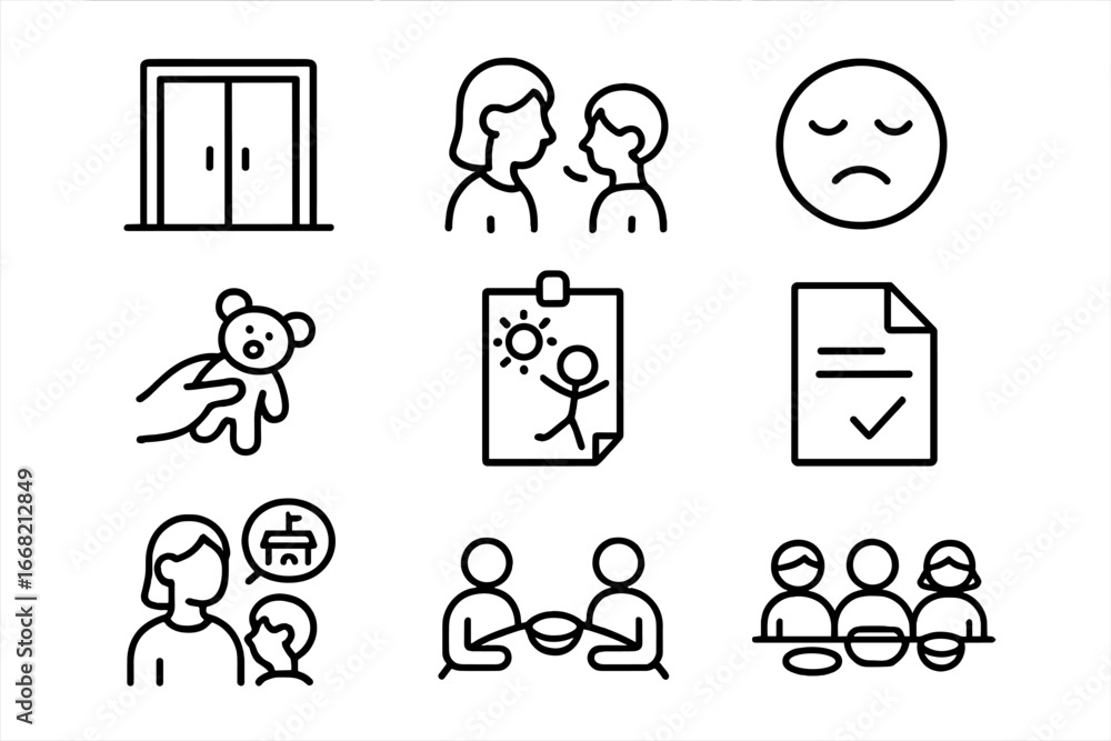 Fototapeta premium After School Icons. Outline icon set of after school impressions: school exit door, report to parent, tired