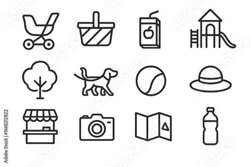Family Nature Walk Icons. Outline icon set of family nature walks: stroller, picnic basket, juice box,