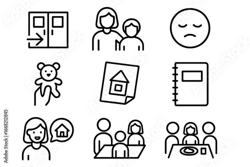 After School Icons. Outline icon set of after school impressions: school exit door, report to parent, tired