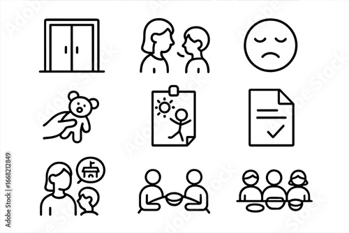 After School Icons. Outline icon set of after school impressions: school exit door, report to parent, tired