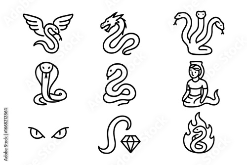 Fantasy Serpent Icons. Outline icon set of fantasy serpents: winged serpent, dragon snake, hydra, cobra,