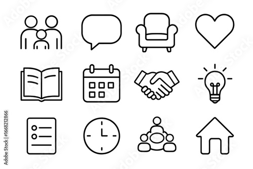 Family Therapy Icons. Outline icon set of family therapy: family silhouette, speech bubble, therapist chair,