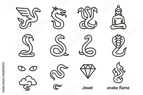 Fantasy Serpent Icons. Outline icon set of fantasy serpents: winged serpent, dragon snake, hydra, cobra,