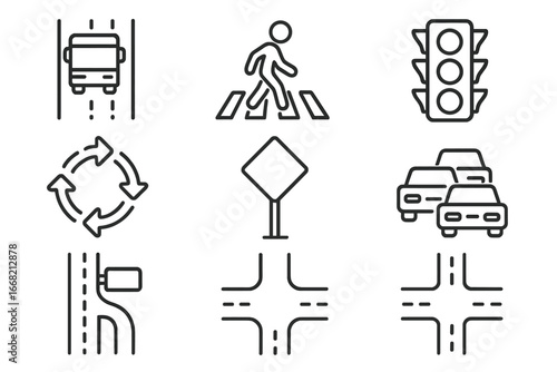 Urban Traffic Icon Set. Outline icon set of urban traffic scenes: bus lane, crosswalk, stoplight, roundabout,