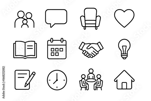 Family Therapy Icons. Outline icon set of family therapy: family silhouette, speech bubble, therapist chair,