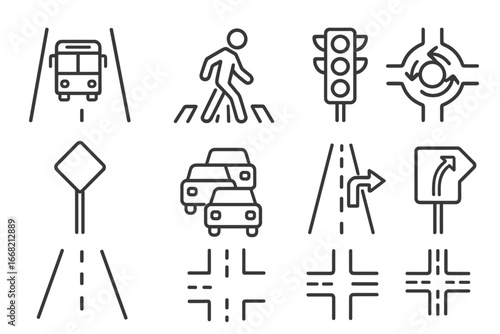 Urban Traffic Icon Set. Outline icon set of urban traffic scenes: bus lane, crosswalk, stoplight, roundabout,