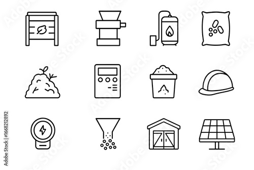 Farm Waste to Energy Icons. Outline icon set of farm waste to energy systems: compost bin, shredder, biomass