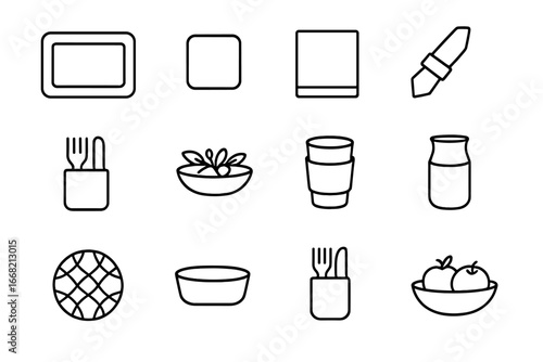 Felt Accessory Icons Set. Outline icon set of felt table accessories: placemat, coaster, table runner, napkin