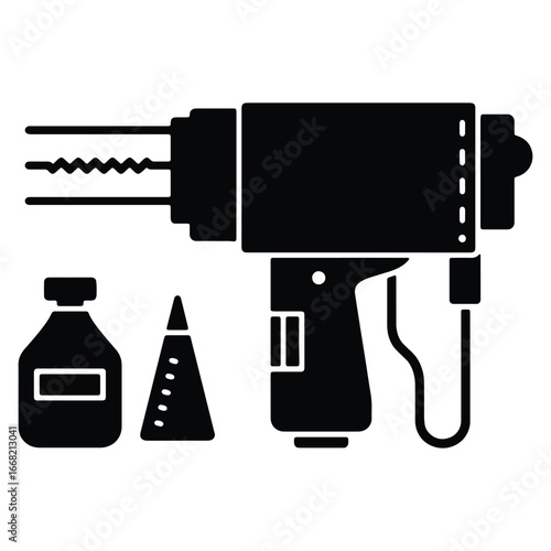 Detailed Glyph Illustration of a Soldering Station with Accessories for Electronics Repair and Fabrication Showing Precision and Craftsmanship in a Monochrome Scheme