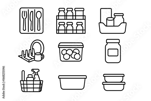 Kitchen Icon Set. Outline icon set of kitchen organization: utensil divider, spice rack, pantry bin, dish rack