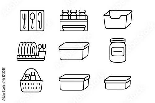 Kitchen Icon Set. Outline icon set of kitchen organization: utensil divider, spice rack, pantry bin, dish rack