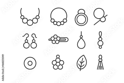 Felt Jewelry Icons. Outline icon set of felt jewelry: necklace, bracelet, ring, brooch, earrings, hair clip,