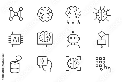AI Brain Icons. Outline vector icons of artificial intelligence and the brain: neural network, machine