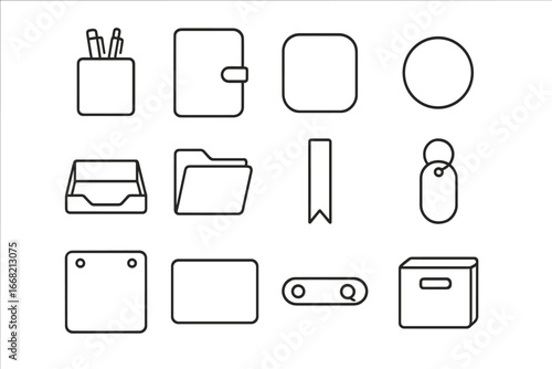 Felt Office Icons. Outline icon set of felt office accessories: pen holder, notebook cover, mouse pad, coaster