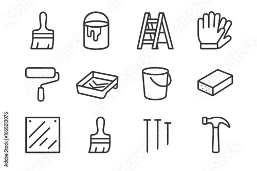 Fence Painting Toolkit. Outline icon set of painting the dacha fence: paintbrush, paint can, ladder, gloves,