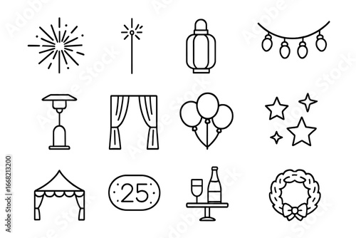 Festive Icon Collection. Outline icon set of fireworks and outdoor decor: firework bursts, sparklers, lanterns