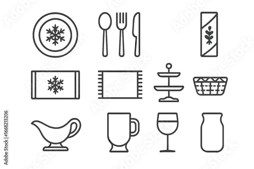 Festive Serving Ware Icons. Outline icon set of festive serving ware: holiday plate, serving spoon, fork,