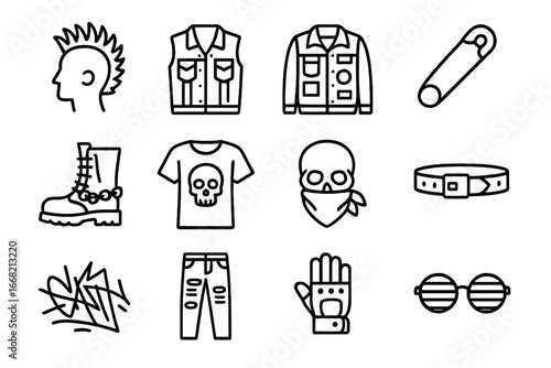 Urban Punk Icons. Outline vector icons of urban punk style: mohawk hair, denim vest, patch jacket, safety pin,