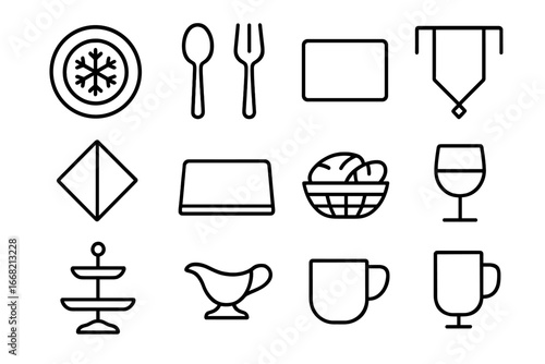 Festive Serving Ware Icons. Outline icon set of festive serving ware: holiday plate, serving spoon, fork,