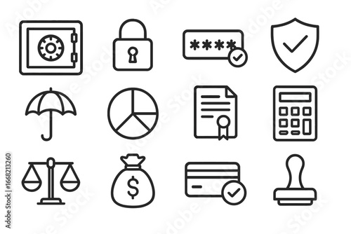 Financial Safety Icons. Outline icon set of financial safety tools: safe box, padlock, password icon,