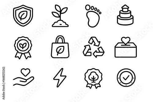 Sustainable Incentive Icons. Outline vector icons of sustainable loyalty incentives: eco badge, plant tree