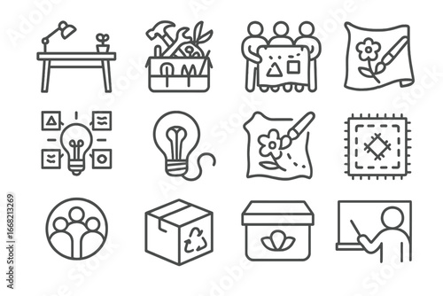 Crafting Icons Grid. Outline vector icons of community-based crafting: workshop table, shared tools, group