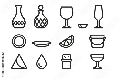 Fine Dining Icon Set. Outline icon set of fine dining drink service: crystal water carafe, etched decanter,