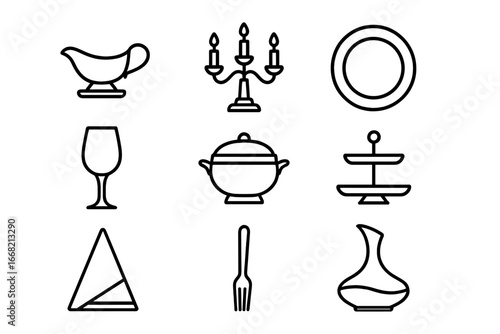 Fine Dining Icons Grid. Outline icon set of fine dining serving ware: gravy boat, silver platter, candelabra,