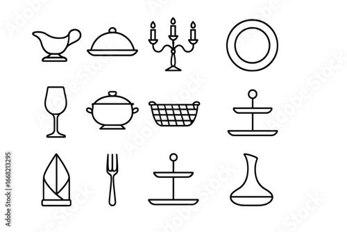 Fine Dining Icons Grid. Outline icon set of fine dining serving ware: gravy boat, silver platter, candelabra,