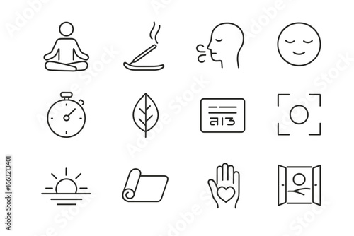 Mindfulness Icon Grid. Outline vector icons of mindfulness and inner peace: lotus pose, incense stick,