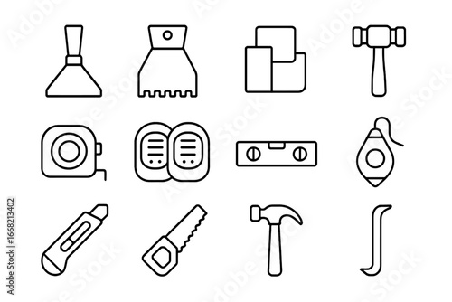 Flooring Tools Icons. Outline icon set of flooring installation tools: floor scraper, adhesive spreader,