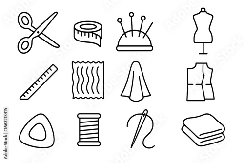 Fashion Icon Set. Outline vector icons of fashion textiles: fabric scissors, measuring tape, pin cushion,