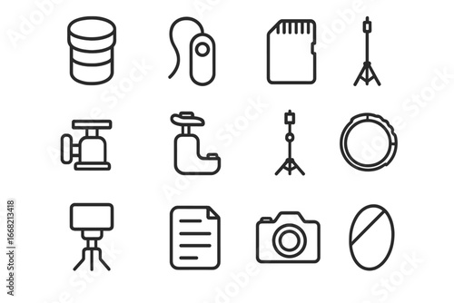 Photography Toolkit Icons. Outline vector icons of fashion photographer toolkit: lens case, shutter button,