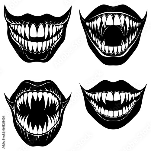 Collection of four black and white monster mouths with sharp teeth and dark lips displayed on white background