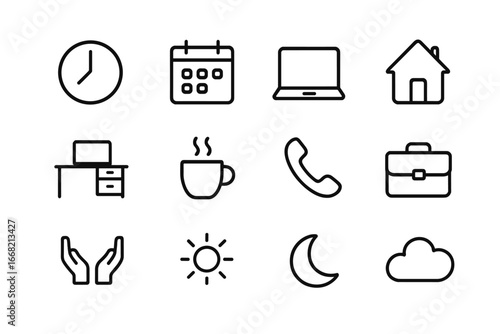 Flexible Work Icons. Outline icon set of flexible work arrangements: clock, calendar, laptop, home, office