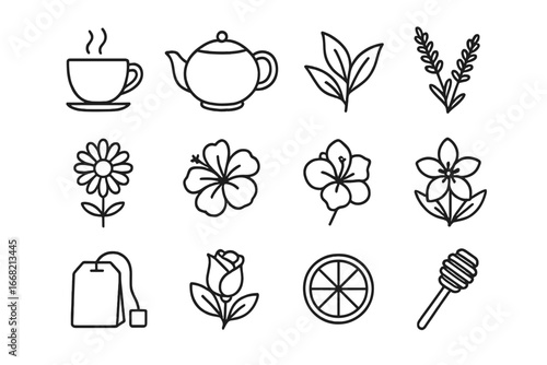 Floral Tea Icon Set. Outline icon set of floral tea packaging: tea cup, teapot, tea leaves, chamomile flower,