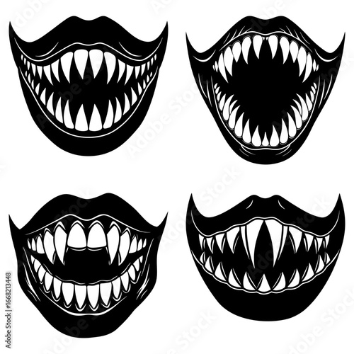 Illustration of four black and white monster mouth designs with sharp teeth and dark lips