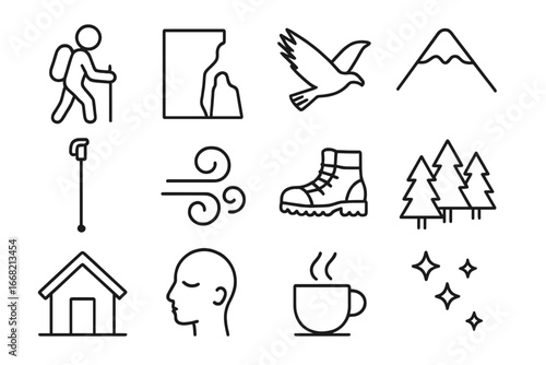Mountain Adventure Icons. Outline icon set of mountain solitude: lone hiker, rocky cliff, eagle, snow cap,