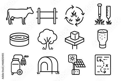 Pasture Dairying Icons. Outline vector icons of pasture-based dairying: grazing cow, electric fence, pasture