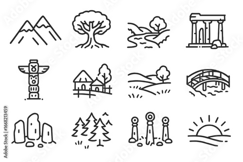 Folklore Landscape Icons. Outline icon set of folklore landscapes: mountain range, sacred tree, riverbank,