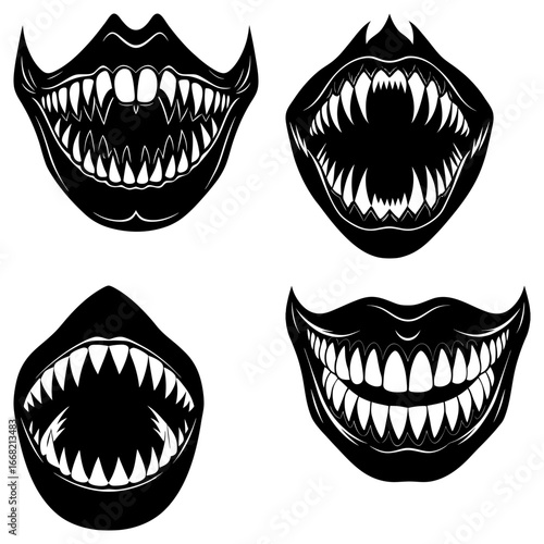 Four black and white illustrations of monstrous mouths with sharp teeth and dark interiors are shown