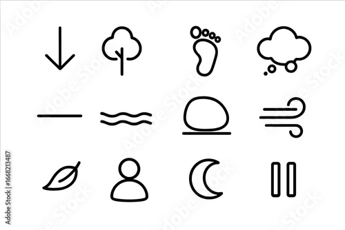 Nature Introspection Icons. Outline icon set of nature-based introspection: inward arrow, tree silhouette,