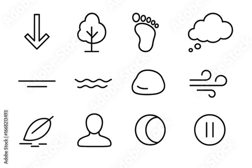 Nature Introspection Icons. Outline icon set of nature-based introspection: inward arrow, tree silhouette,