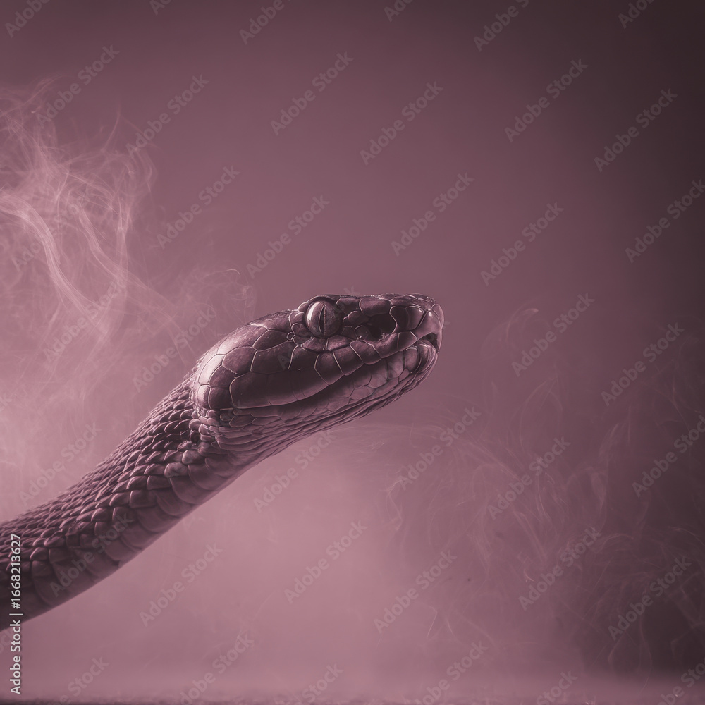 Naklejka premium Snake head close up with detailed scales and smoky background in soft purple tone, evoking mysterious and calm mood