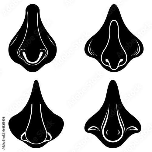 Four black and white stylized nose illustrations with varying shapes and nostril designs shown in a grid