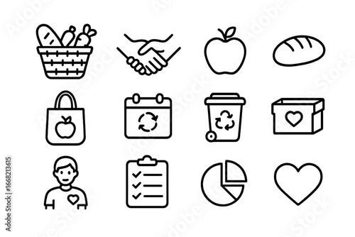 Food Waste Initiative Icons. Outline icon set of reducing food waste through community initiatives: food