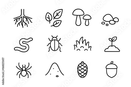 Forest Floor Icons. Outline icon set of forest floor ecosystem: roots, fallen leaves, mushrooms, small rocks,